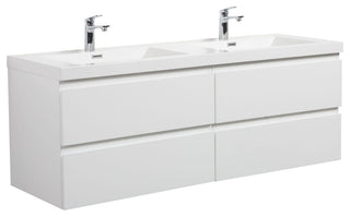 Aurora Wall Mount Vanity, White Acrylic Top, Glossy Polar White, 60" Double