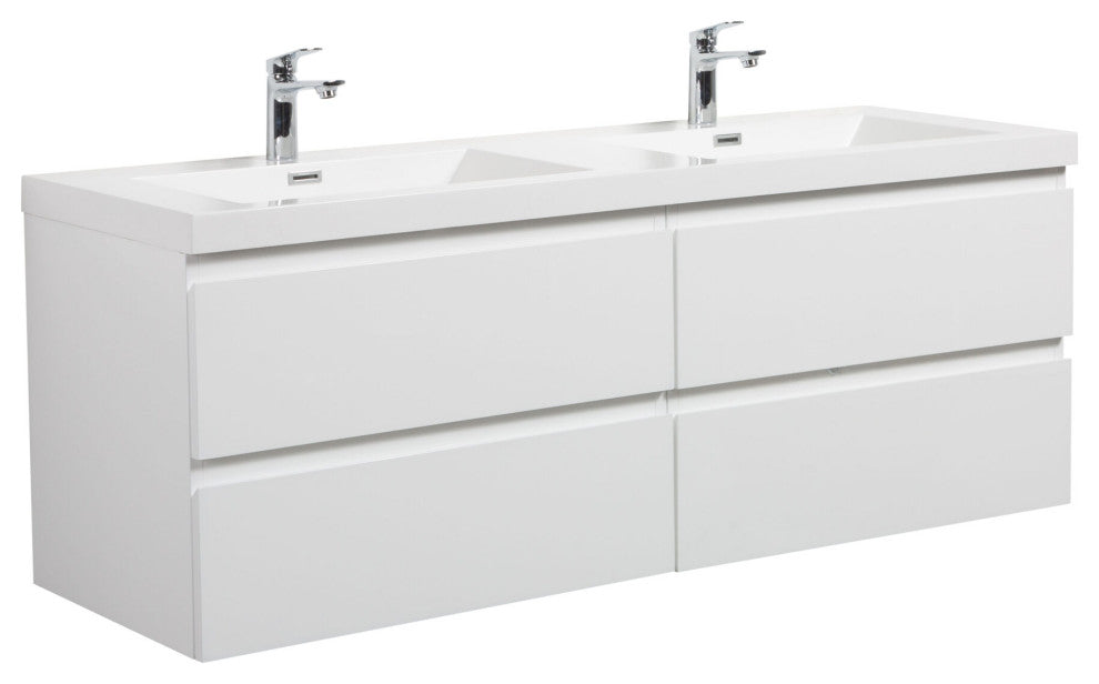 Aurora Wall Mount Vanity, White Acrylic Top, Glossy Polar White, 60" Double