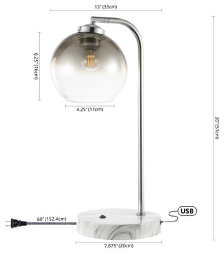 Ada 20" Iron/Glass LED Task Lamp With USB Charging Port, Chrome/Smoke Gray