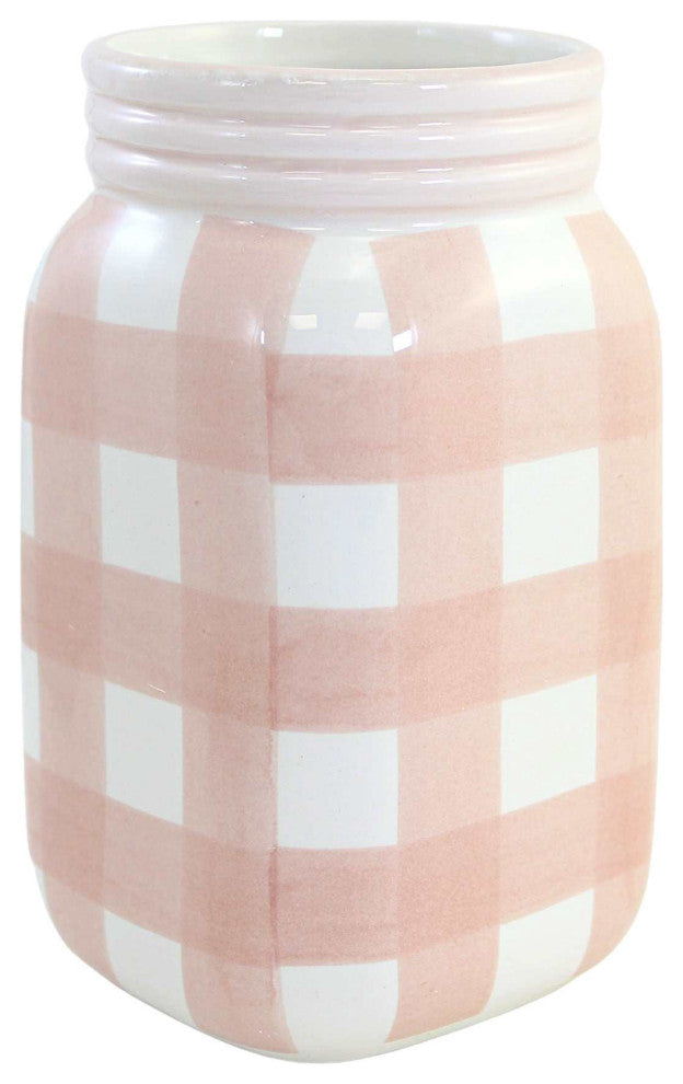 Tabletop Plaid Container Jar Dolomite Planter Utensil Holder A7000 Pink