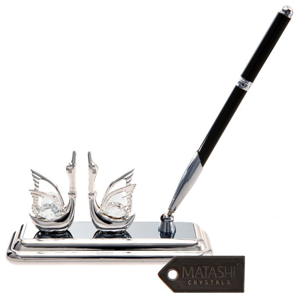 Silver Plated Executive Desk Set With Crystal Topped Pen And Silver Swans