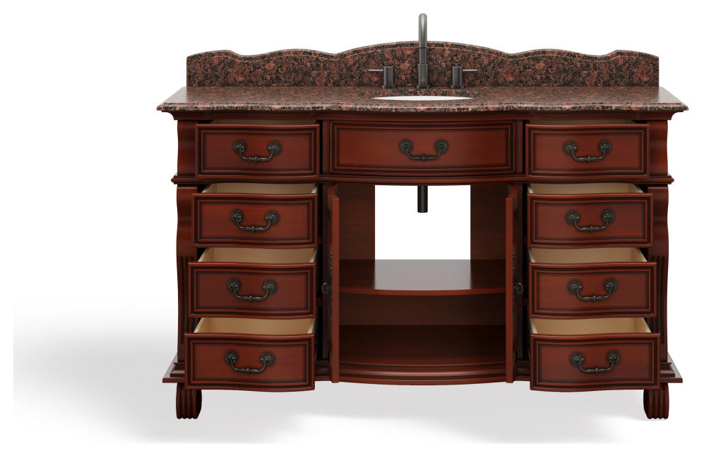 60 inch Cherry Wood Hopkinton Bathroom Sink Vanity Baltic Brown Stone Top, Cherry, 60", Single Sink, Freestanding, With Mirror