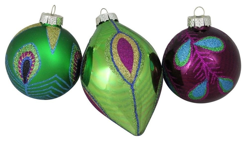 Peacock Ball Design Glass Christmas 3-Piece Ornament Set