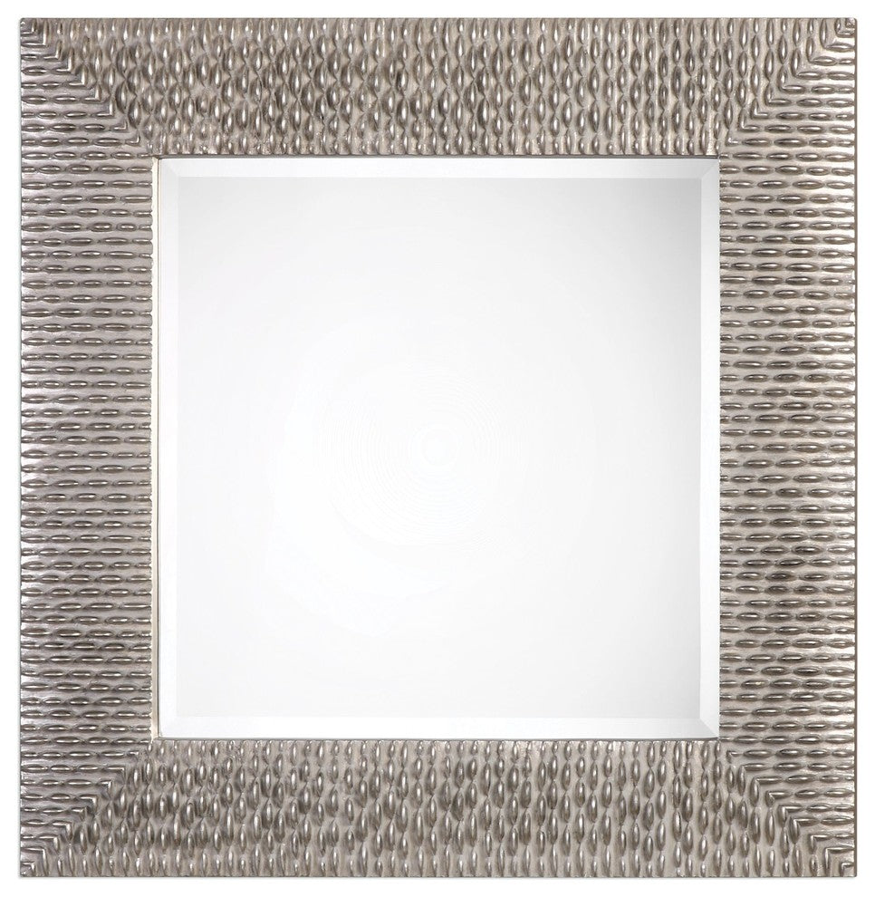 Large 40" Beaded Silver Gray Wall Mirror, Square Vanity Textured
