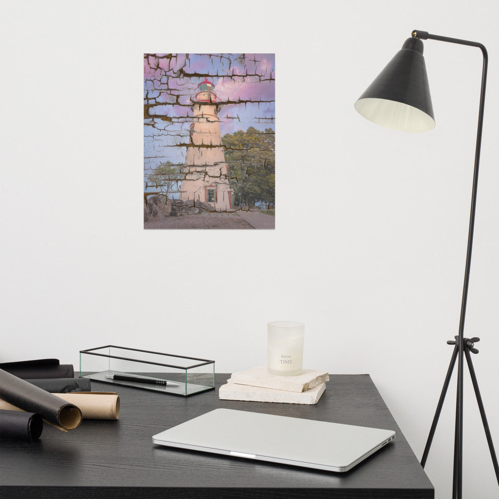 Faux Wood Texture Marblehead Lighthouse at Sunset Unframed Wall Art Prints, 12" X 16"