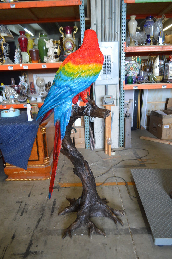 Single Red and Blue Parrot on a tree Bronze Statue -  Size: 30"L x 24"W x 66"H