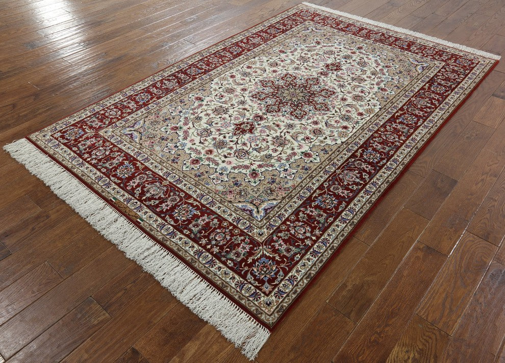 Signed Authentic Persian Isfahan Hand Knotted Wool and Silk Rug, 5'x8'