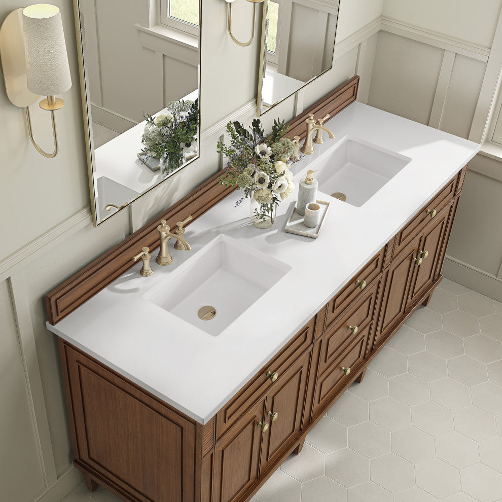 Lorelai 72"Double Vanity, Mid-Century Walnut, 3 CM White Zeus Top