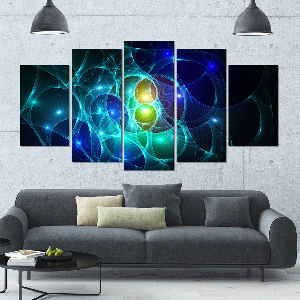 Blue Glowing Bubbles Time, Contemporary Wall Art Canvas, 60"x32", 5 Panels