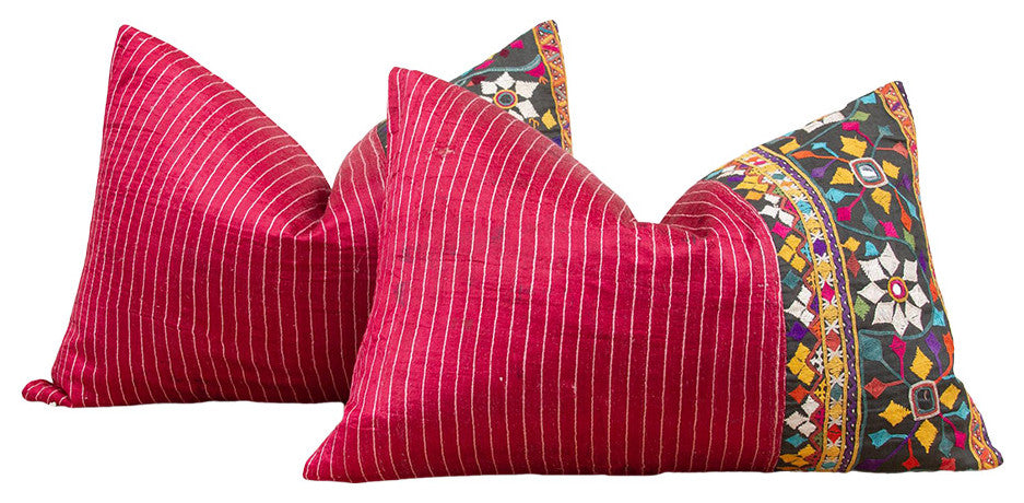 Pair of Floral Antique Mashru Tribal Lumbar Pillows