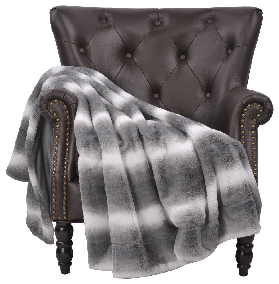 Beckie Stripe Faux Fur Throw Blanket With Micromink Back, Gray Flannel, 50"x60"