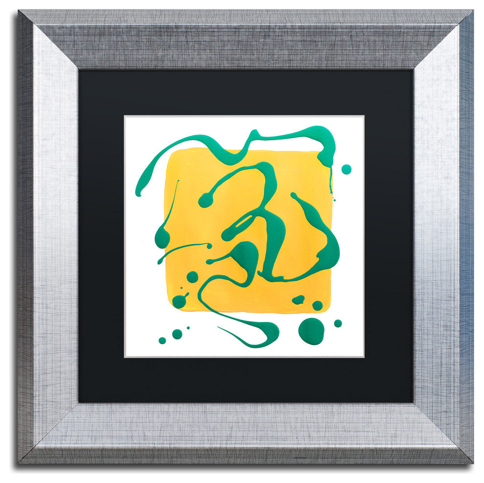'Yellow Square On White' Matted Framed Art, Silver Frame, Black Matte, 11x11