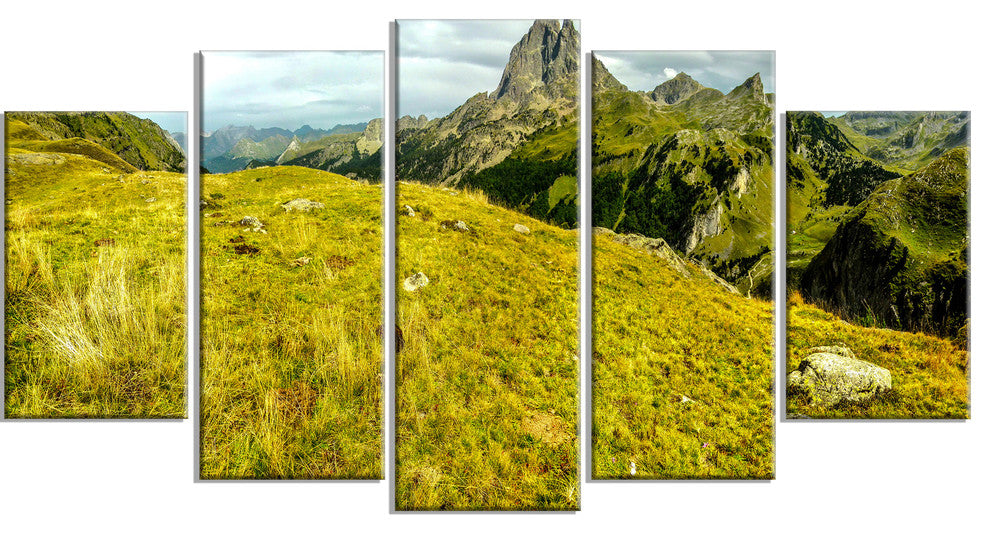 Bright Green Mountain Panorama, Landscape Canvas Art Print, 60"x32", 5 Panels