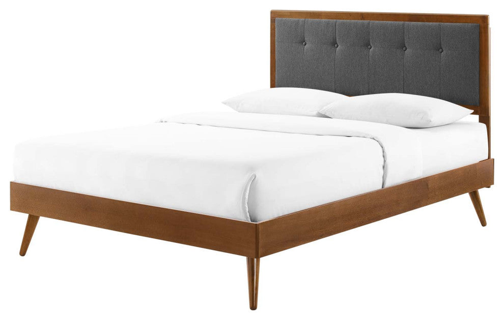 Platform Bed Frame, King Size, Wood, Brown Walnut Gray, Modern Mid-Century