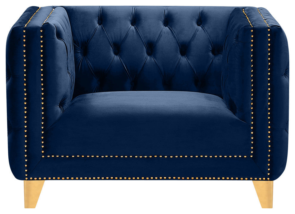 Michelle Fabric Upholstered Chair, Gold Iron Legs, Navy, Velvet, Chair