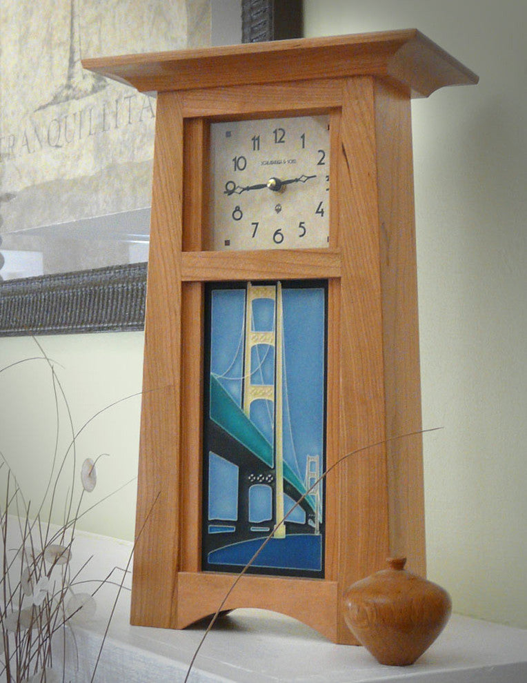 Craftsman Style Cherry Mantel Clock with Suspension Bridge Tile