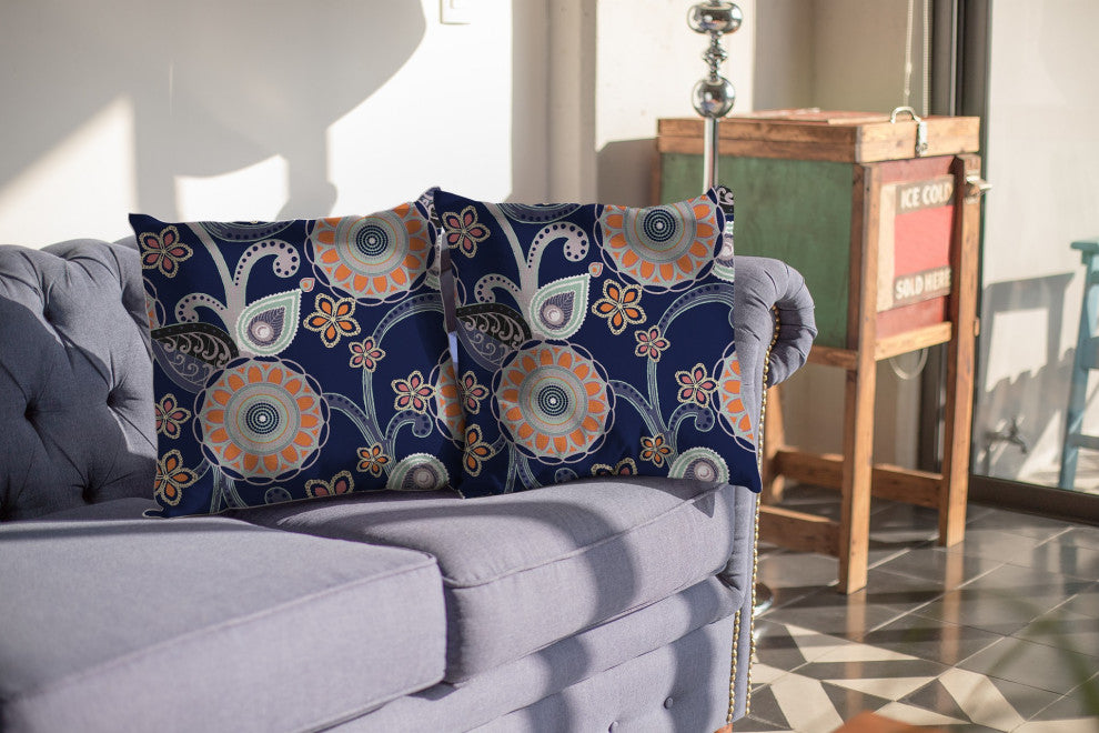 20 Indigo Orange Floral Indoor Outdoor Zippered Throw Pillow