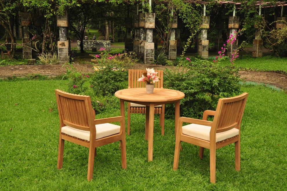 4-Piece Outdoor Patio Teak Dining Set: 36" Round Table, 3 Maldives Arm Chairs