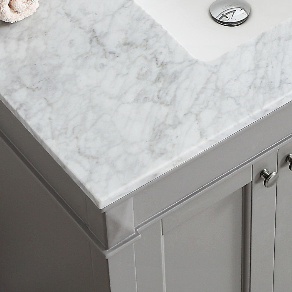 Catania 36" Vanity in Grey with Carrara White Marble Countertop With Mirror