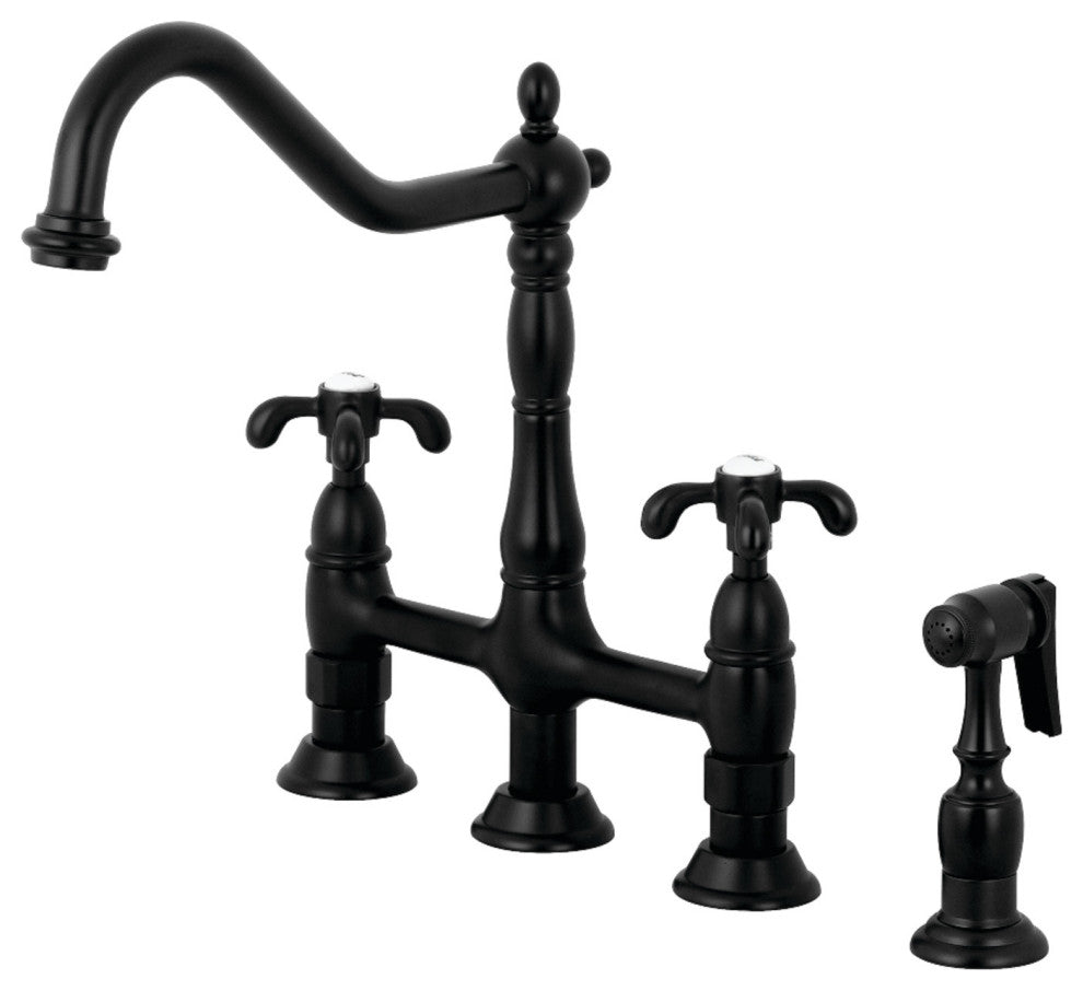 KS1270TXBS French Country Bridge Kitchen Faucet With Brass Sprayer, Matte Black