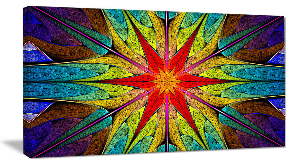 Stained Glass with Bright Red Star, Abstract Wall Art Canvas, 32x16