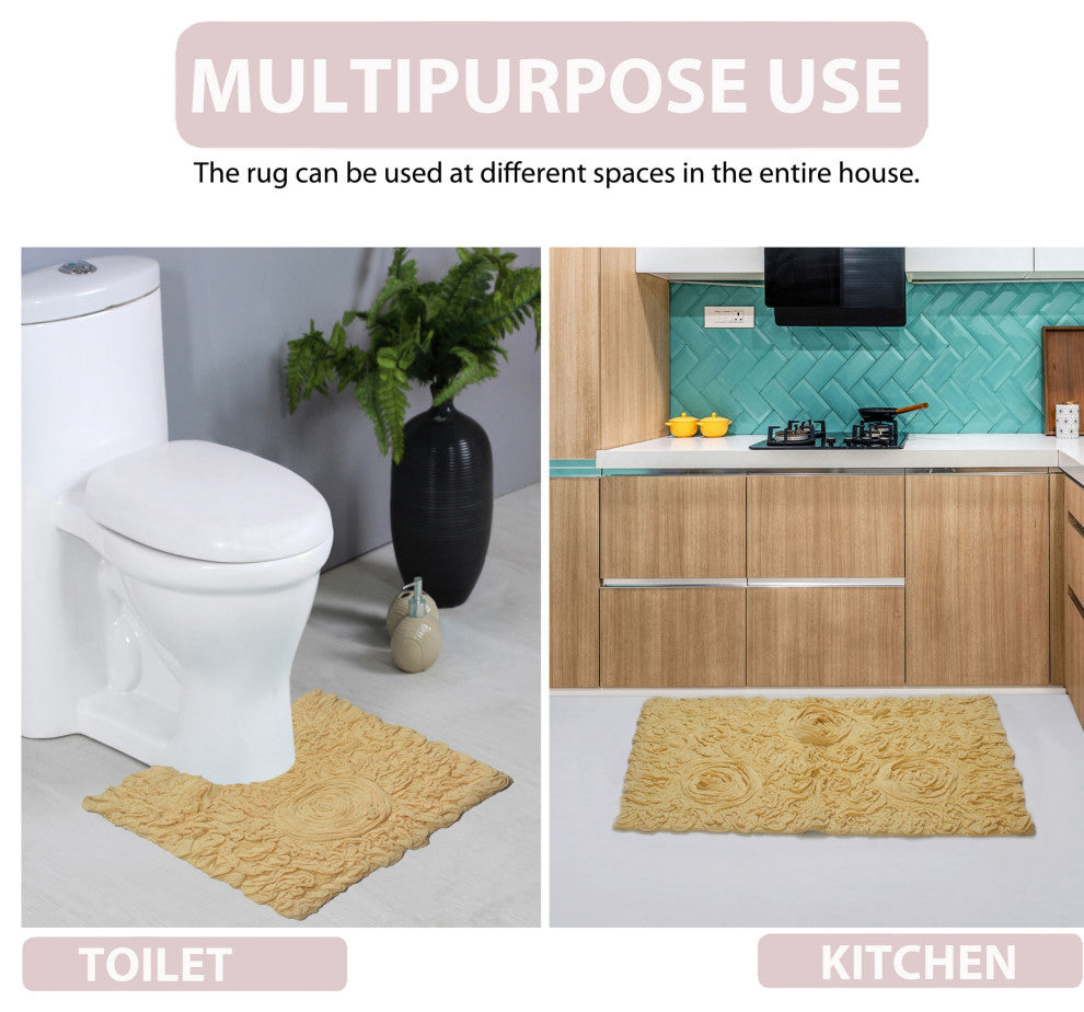 Bell Flower Collection Tufted Bath Rug, 3-Piece Set With Runner-Yellow