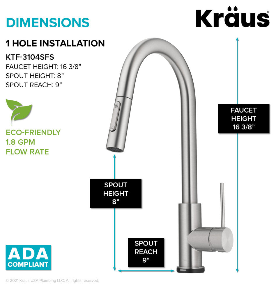 Oletto Pull-Down 1-Hole Kitchen Faucet, Spot Free Stainless Steel