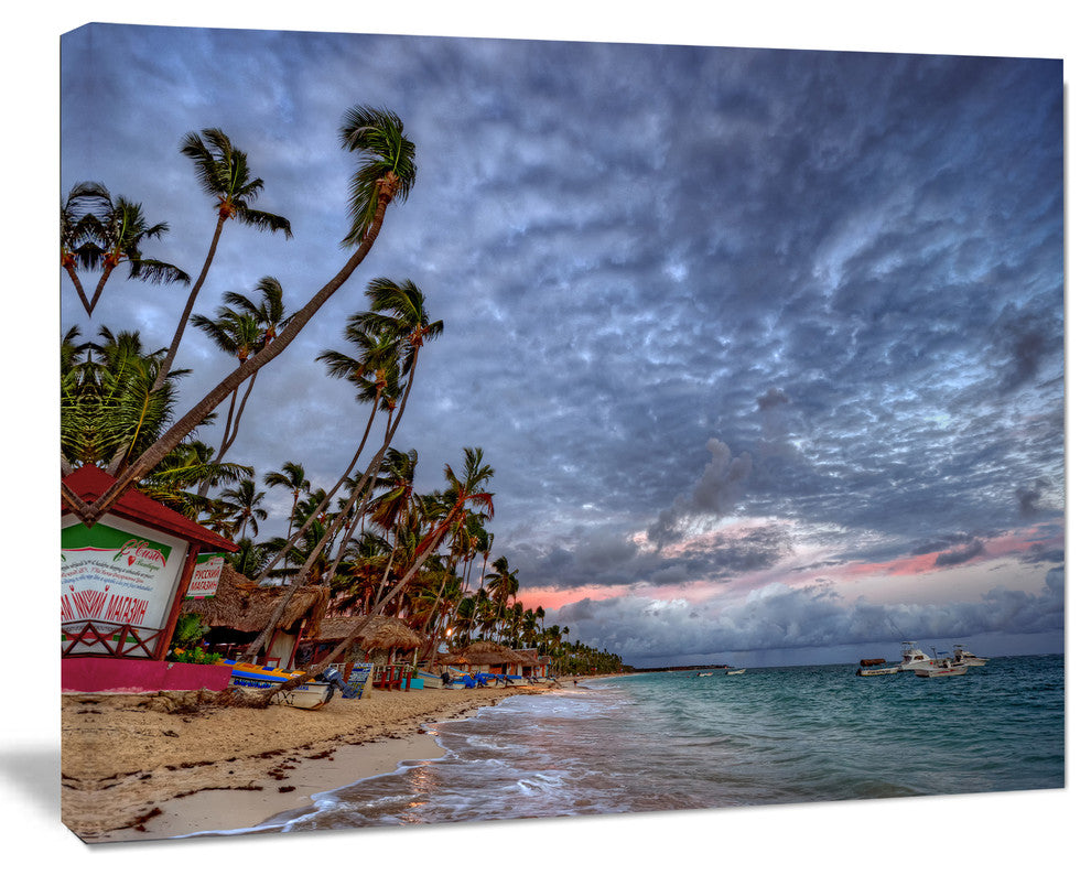 Long Palm Trees Bent to Beach, Seashore Canvas Art Print, 60"x28"