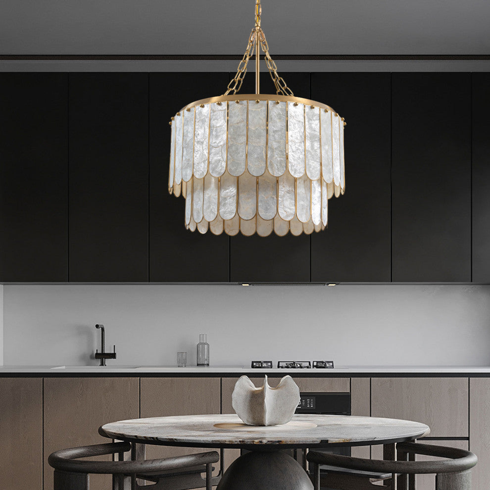 5-Light Capiz Shell 2 Tiered Faceted Chandelier Pendant Light Gold White
