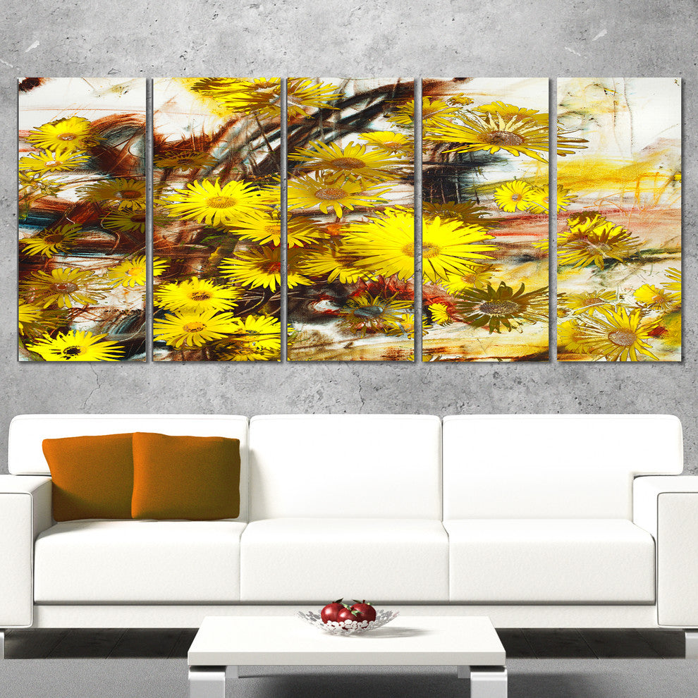 Yellow Flowers Watercolor Illustration, Floral Art Canvas Art, 60"x28", 5 Panels