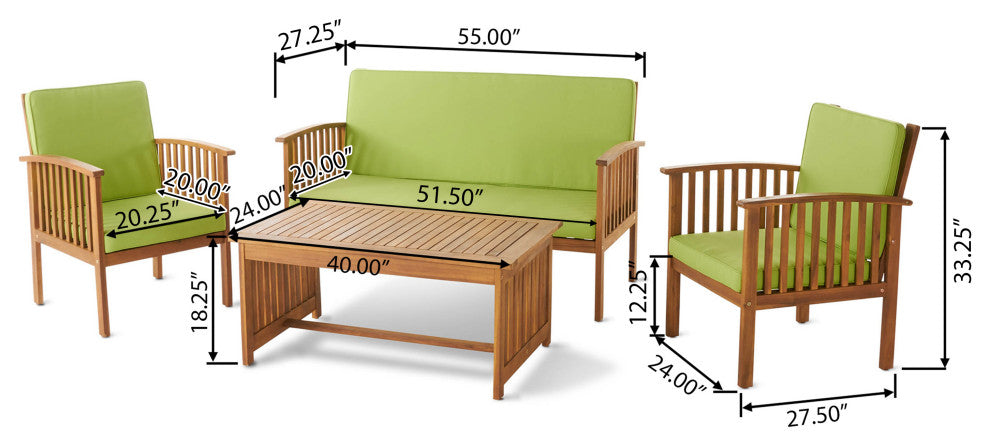 GDF Studio 4-Piece Caresta Outdoor Acacia and Light Green Cushions Sofa Set