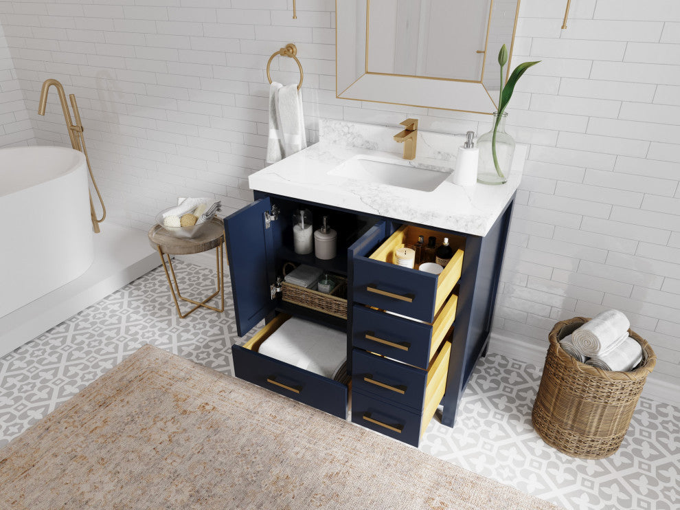 Malibu 36 Center Sink Bath Vanity in Navy Blue 2" White Quartz