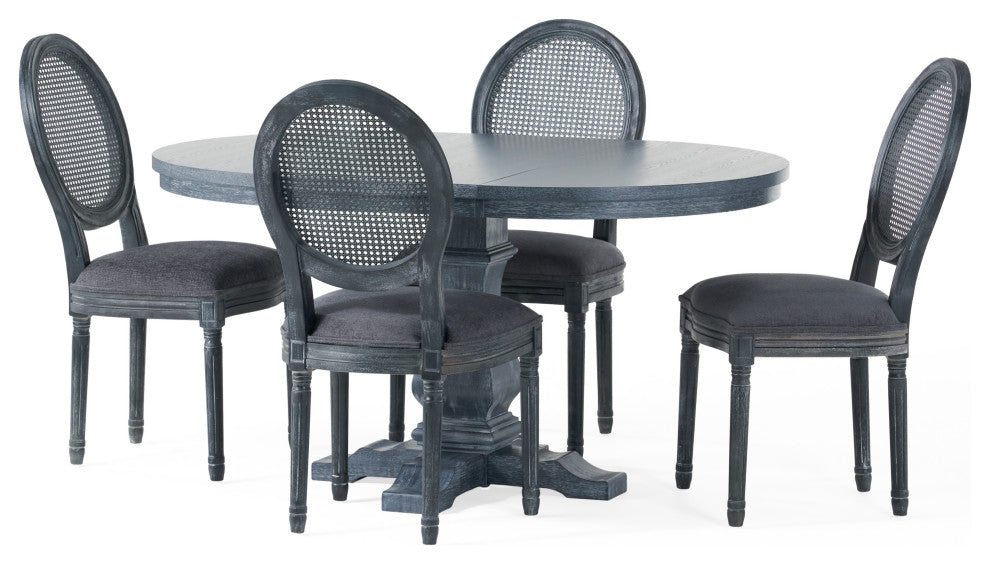 Lintz French Country Wood and Cane  5-Piece Expandable Oval Dining Set, Gray/Gray, Fabric