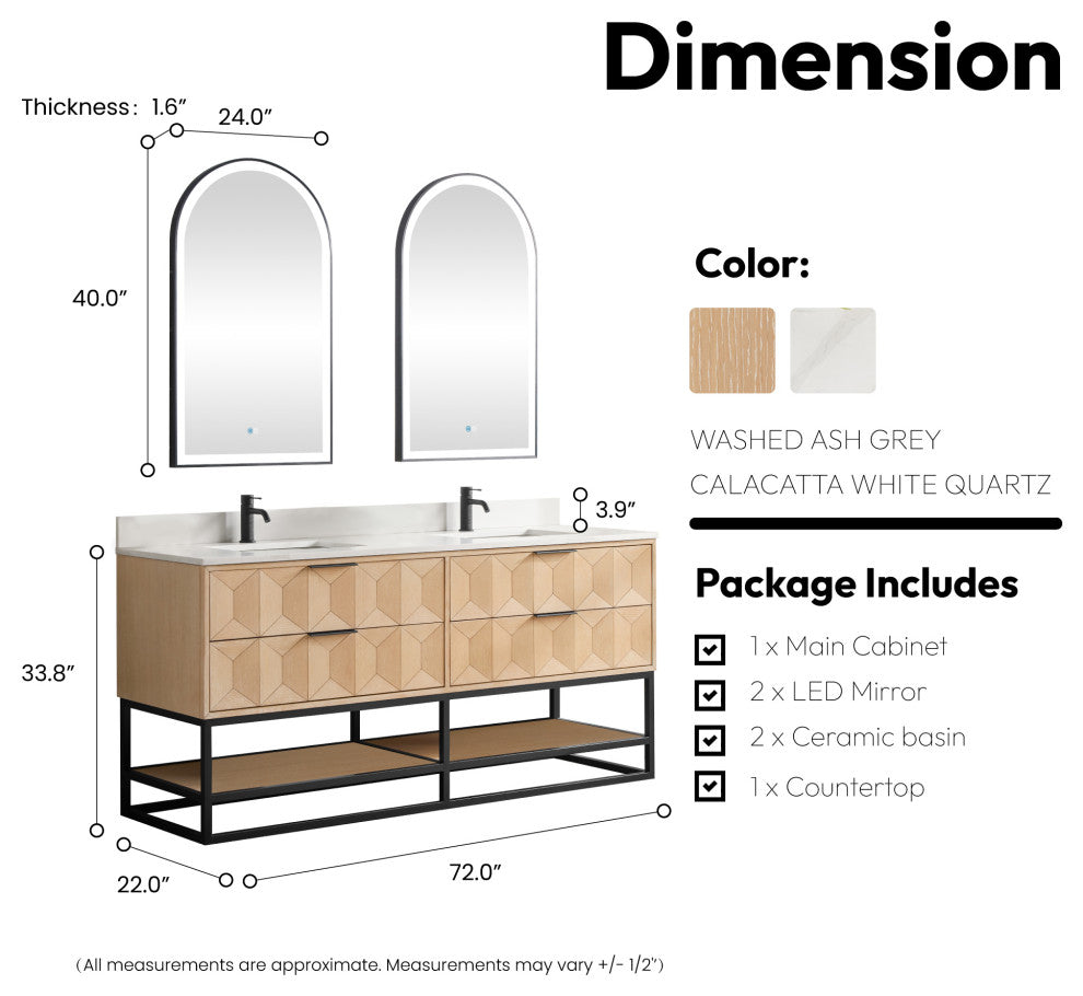 Milagro Bath Vanity With Top, Washed Ash Grey, Matte Black Base, 72", With Mirror