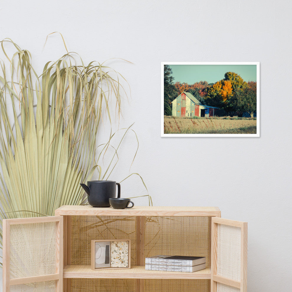 Patriotic Weathered Barn in Field Cross Processed Framed Photo Wall Art Prints, White, 18" X 24"