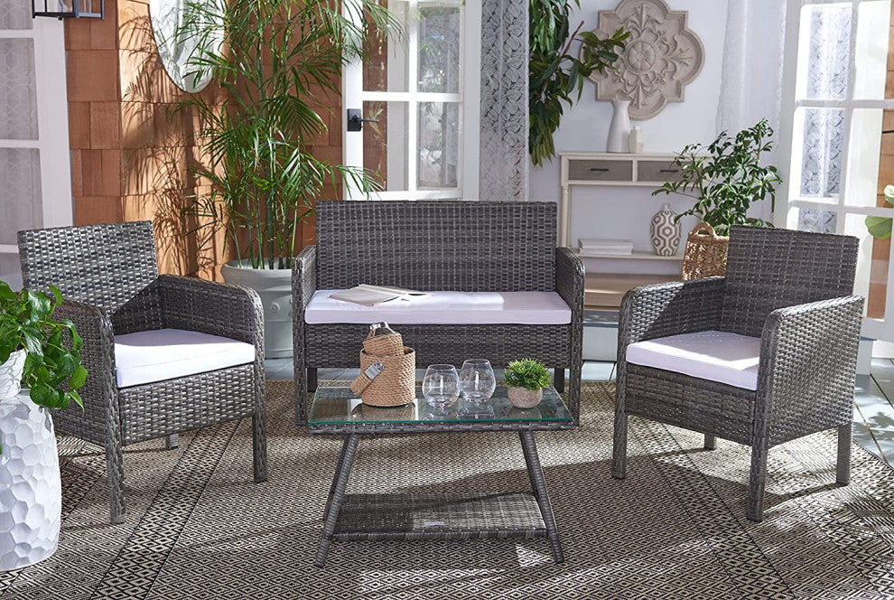 Outdoor Elegant 4-Piece Patio Set with Glass Coffee Table and Cushioned Chairs, Grey Brown/White
