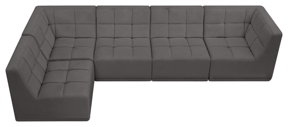 Relax Velvet Upholstered 5-Piece L-Shaped Modular Sectional, Grey