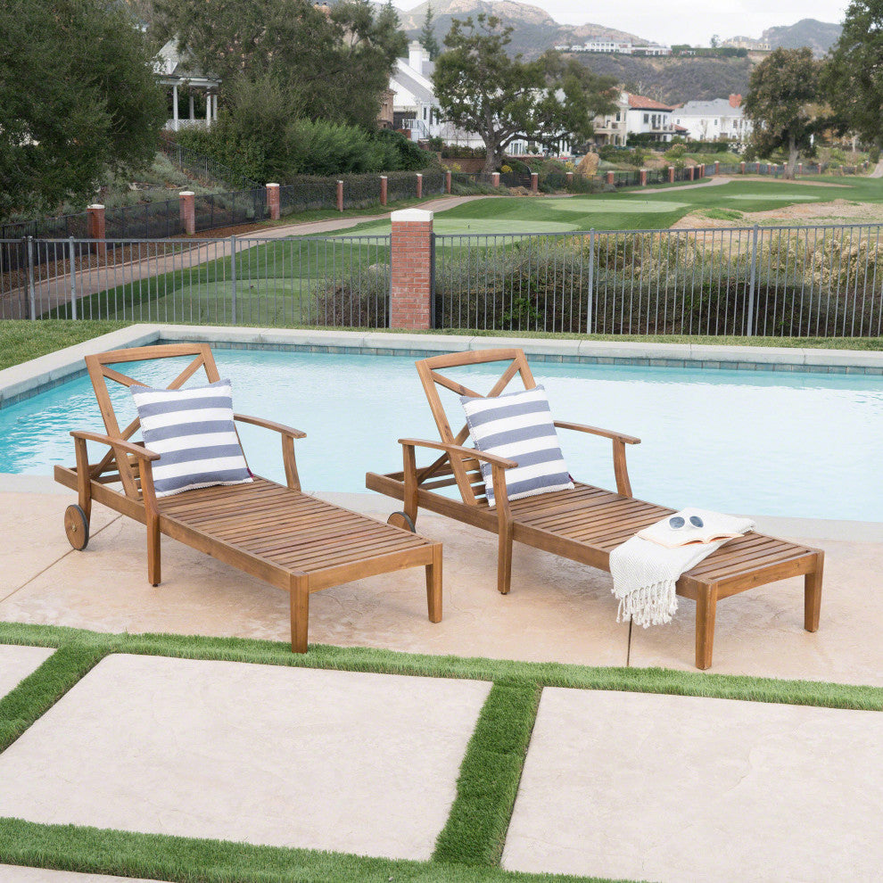 GDF Studio Thalia Outdoor Teak Finished Acacia Wood Chaise Lounge, Set of 2