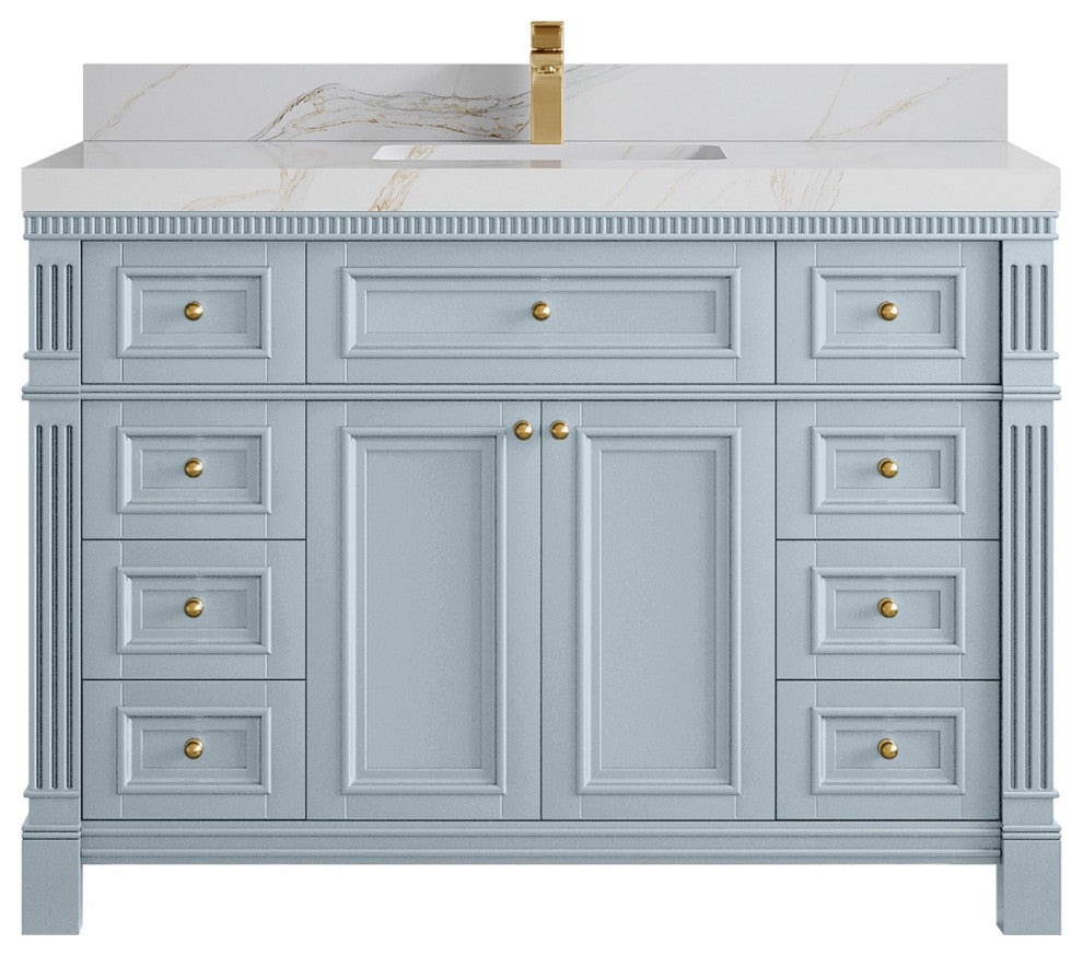 Paris 48" Single Sink Bathroom Vanity, Blue Heather 2" Calacatta Sienna