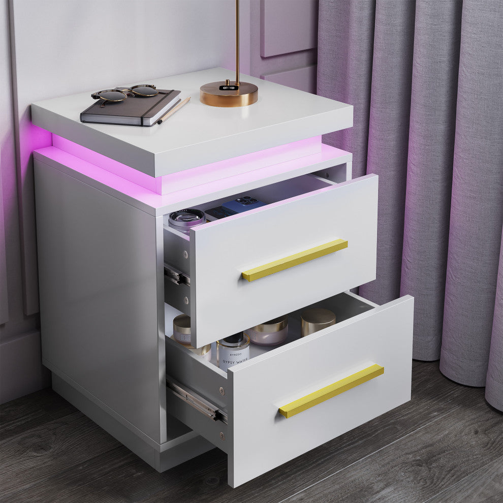 Set of 2 End Tables with RF Remote-Controlled LED Lights, Two Drawers, White