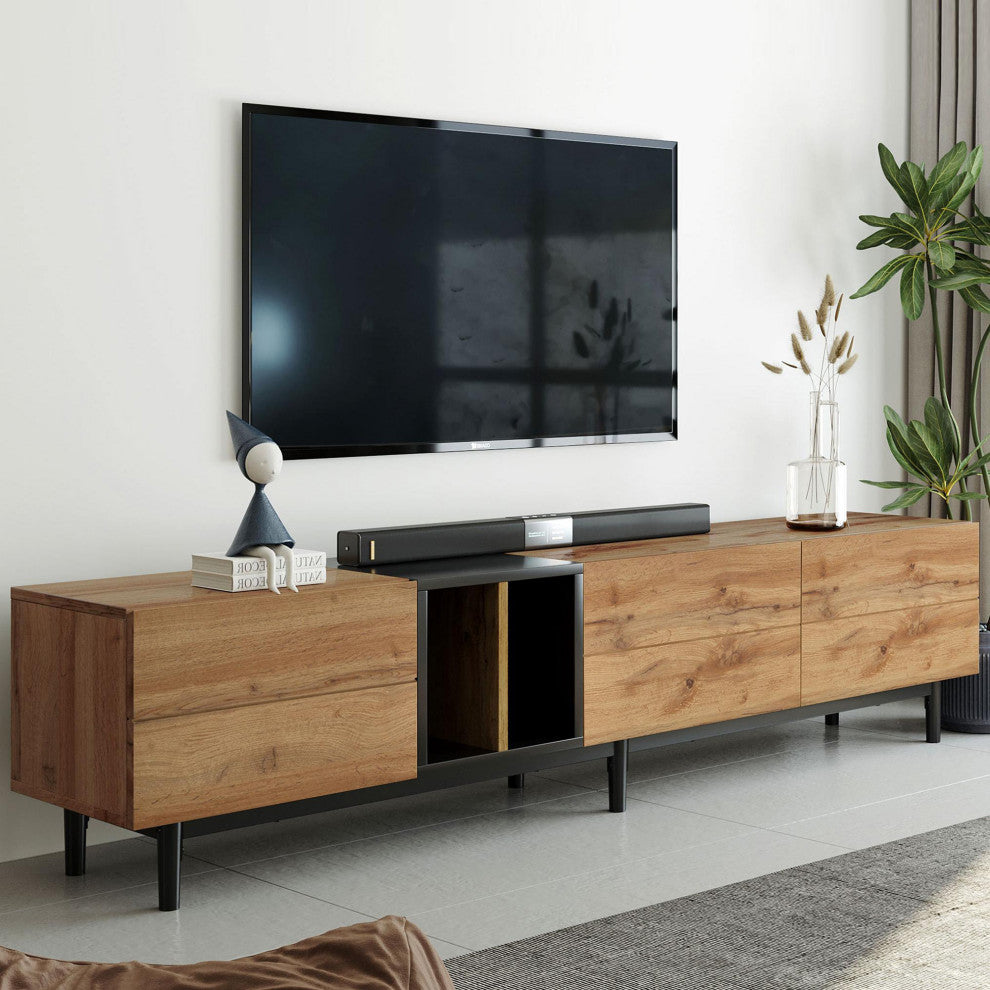 TATEUS 80" TV Stand With Large Storage Cabinet, Combining Style, Natural Wood