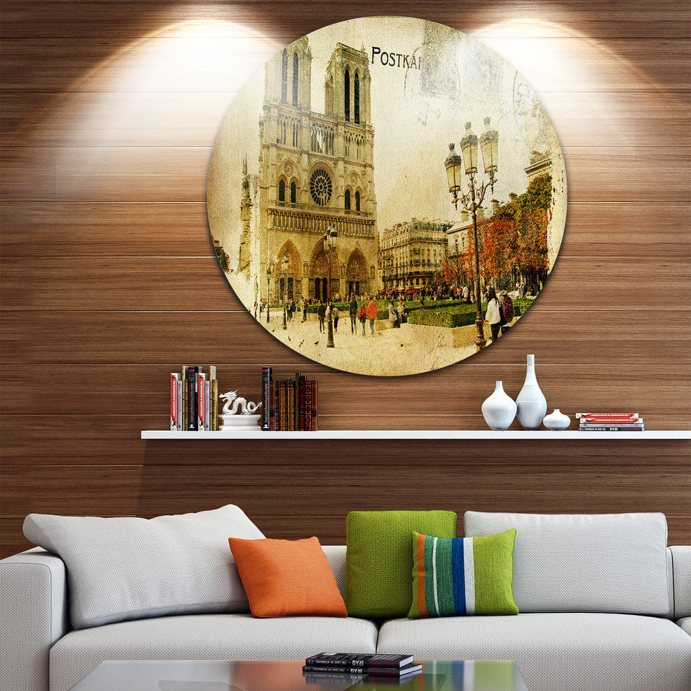 Notre Dame Cathedral Vintage Card, Contemporary Disc Metal Artwork, 23"
