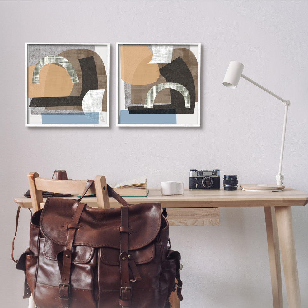 Abstract Shape Collage Modern Brown Grey Blue,2pc, each 17 x 17