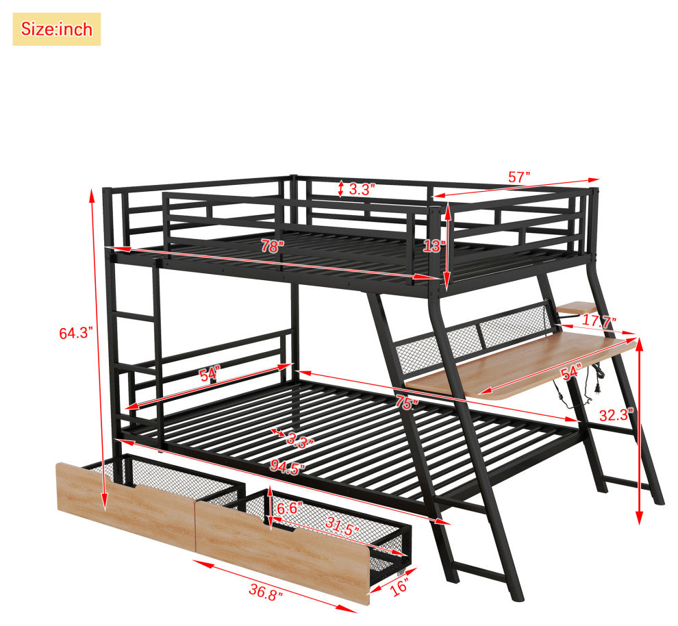 Gewnee Full Size Metal Bunk Bed with Built-in Desk, Light and 2 Drawers, Black