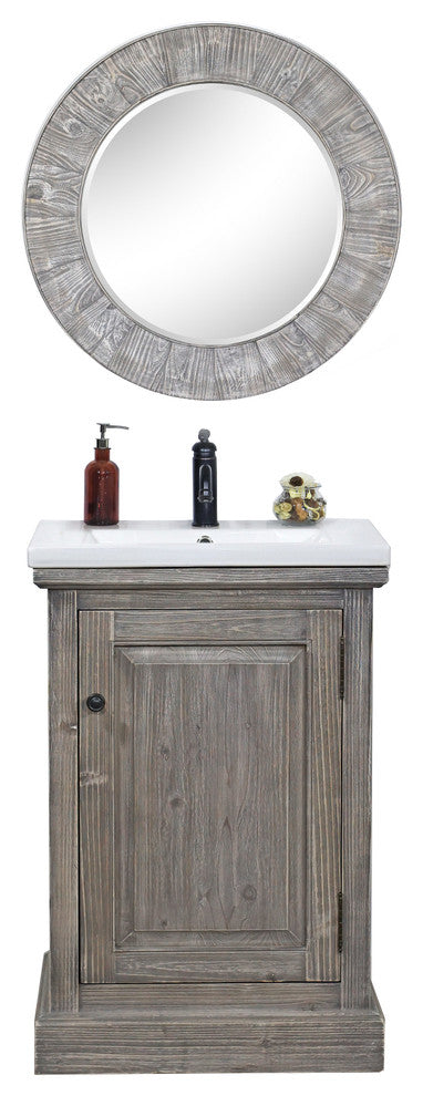 24" Rustic Solid Fir Vanity With Ceramic Single Sink, Gray, No Faucet