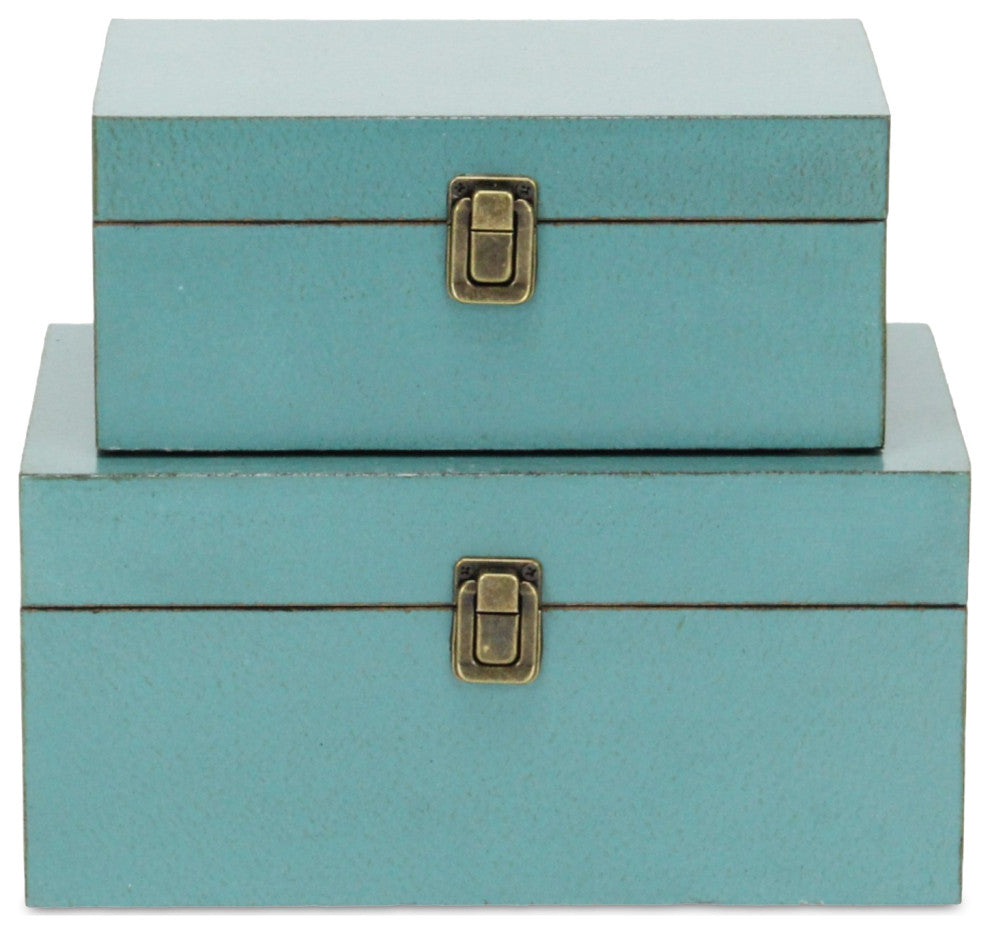 Wooden Keepsake Boxes, Set of 2, Teal