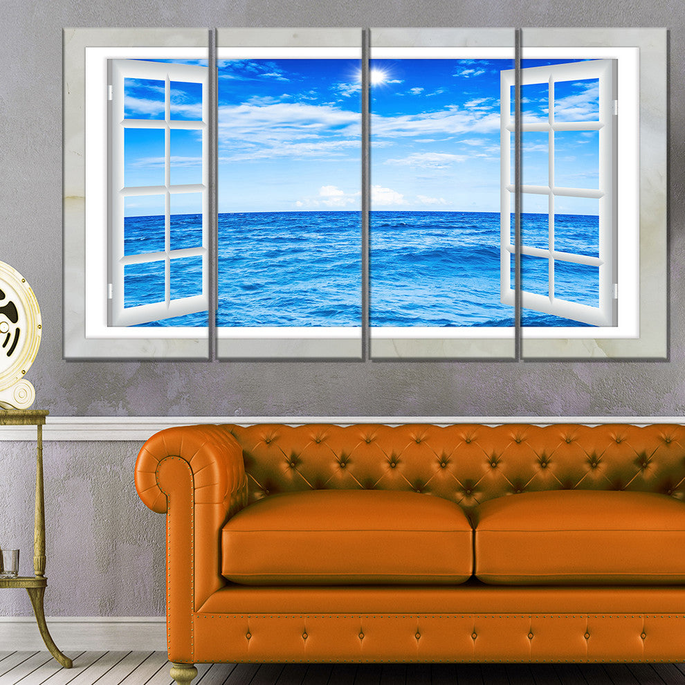"Window Open To Blue Wavy Ocean" Seashore Wall Art, 4 Panels, 48"x28"