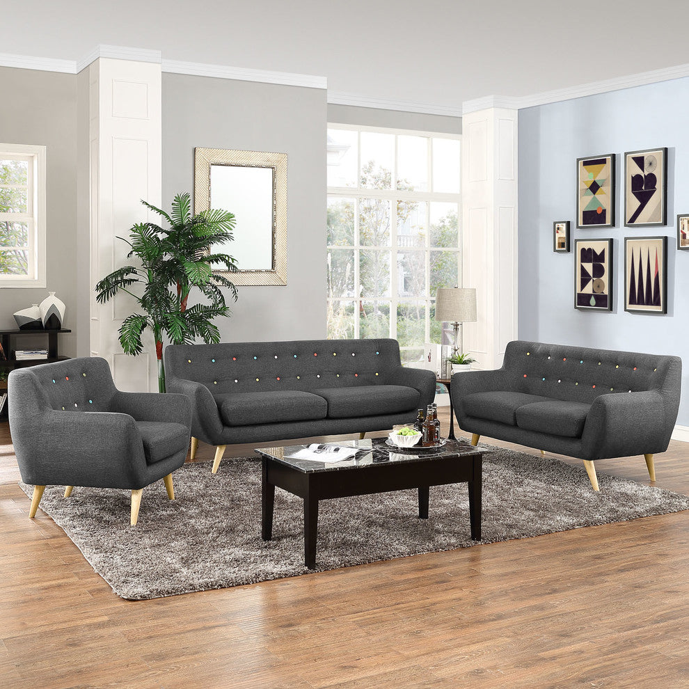 Modern Contemporary Living Room 3-Piece Set, Gray, Fabric, Plywood