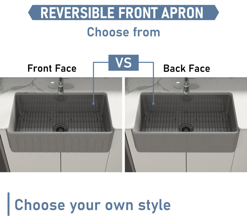 33in Single Bowl Fireclay Farmhouse Apron Kitchen Sink with Grid and Drainer, Matte Gray