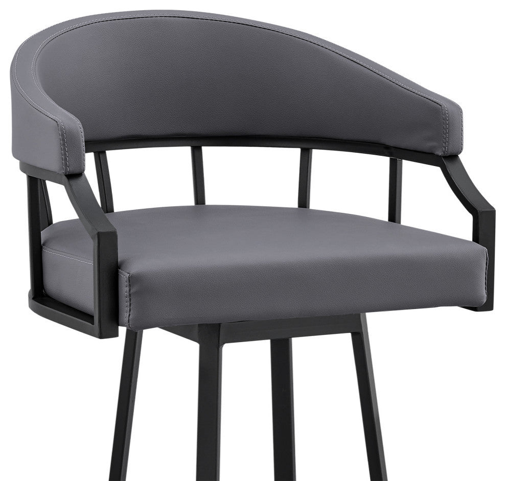 Valerie Swivel Brown Faux Leather and Java Brown Metal Bar Stool, Gray/Black, Bar Height